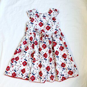 Deux Par Deux Girls Floral Sleeveless Dress Red Navy White Size 5 100% Cotton